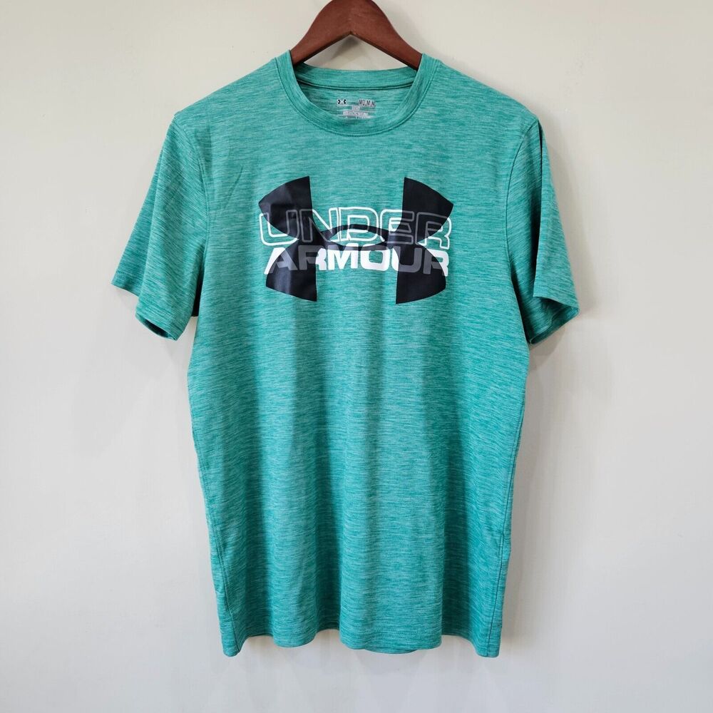 Under Armour Mens Heat Gear T-Shirt Size M Green Logo Loose Short Sleeve Workout